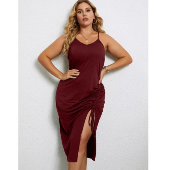 Plus Drawstring Front Split Thigh Cami Dress – Burgundy (16) - Picture 8 of 13